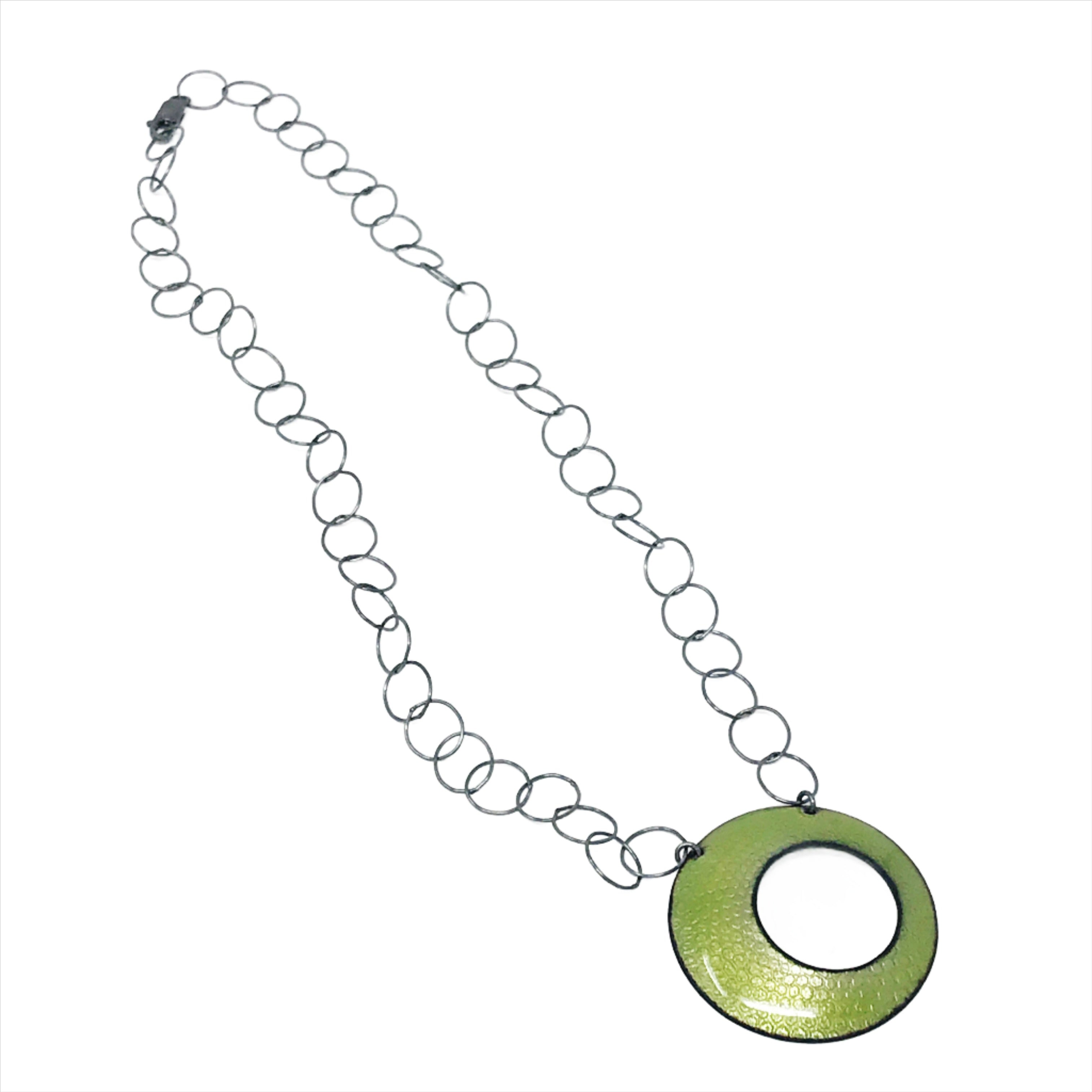 green enameled round diatom pendant necklace