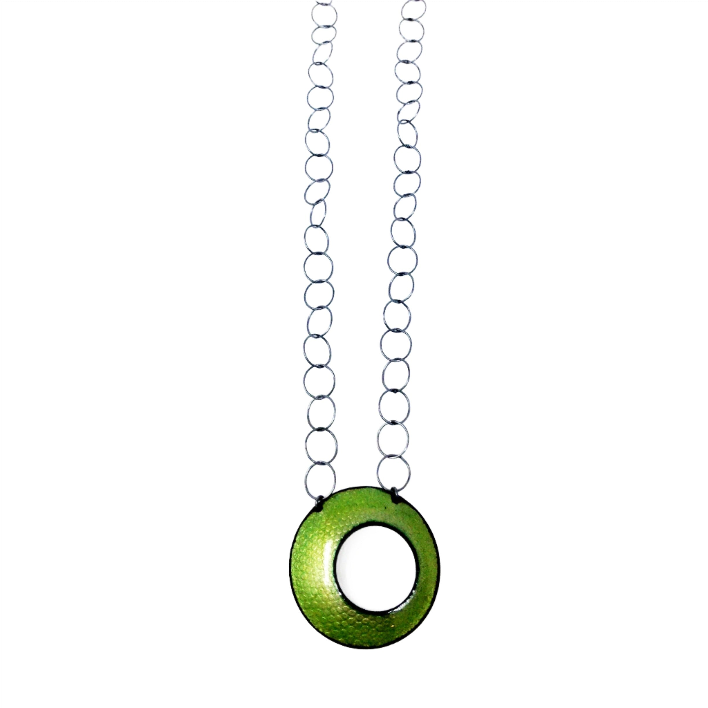 Green enameled round diatom pendant necklace