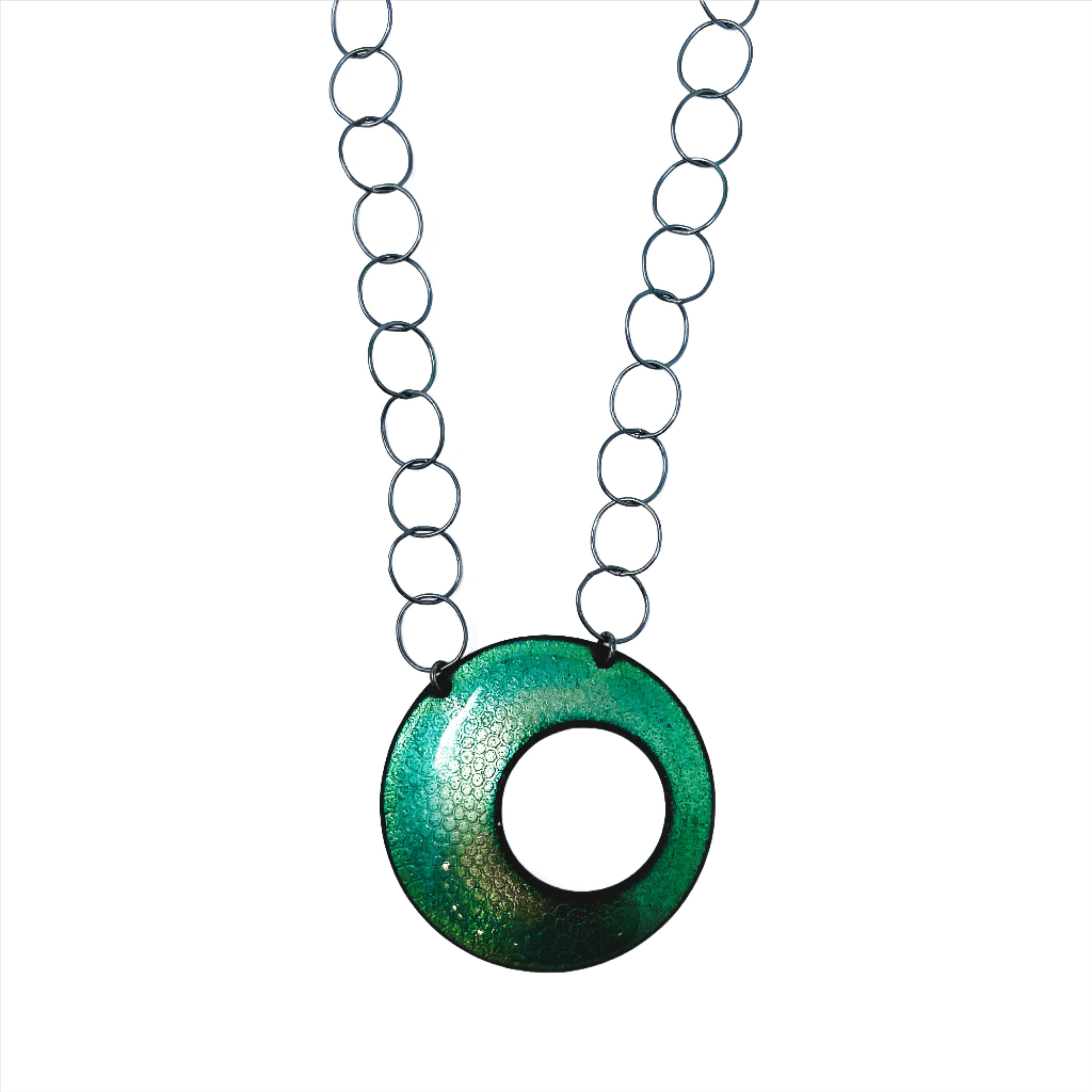 Green enameled round diatom pendant necklace