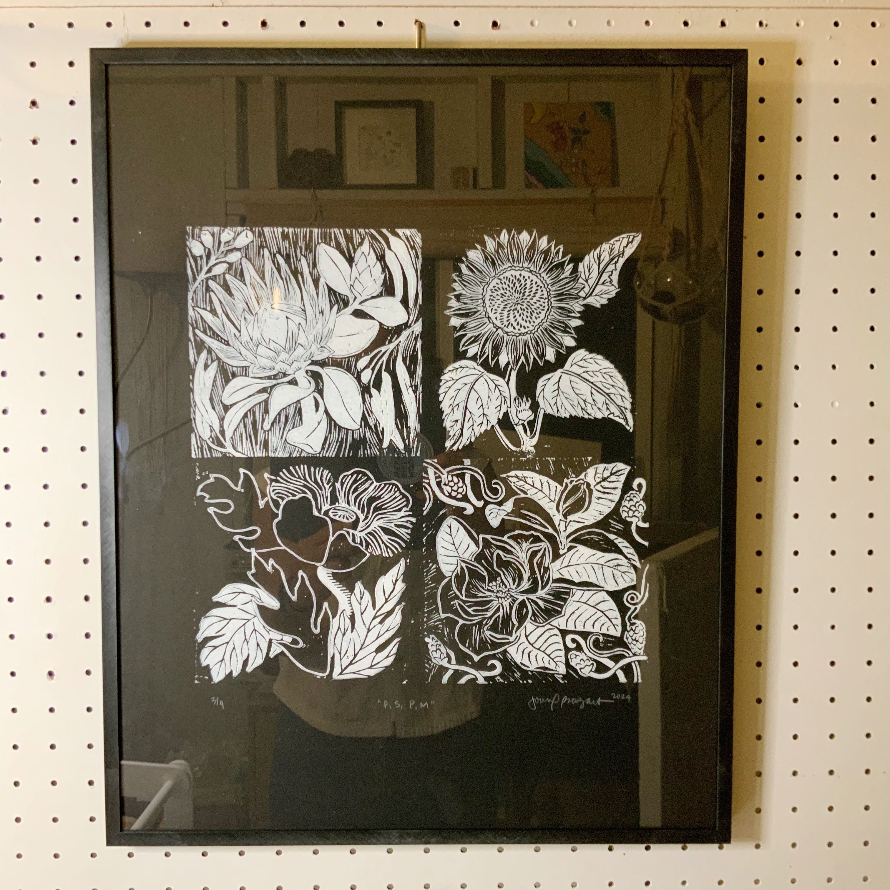 floral lino print with black wood frame