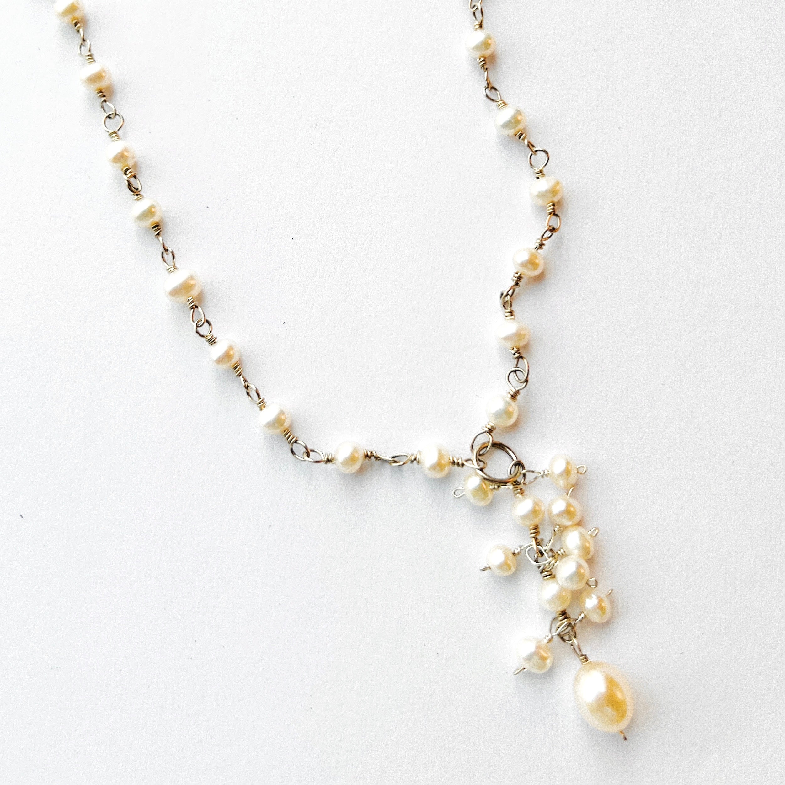 Pearl Link and Pearl Cluster Drop Sterling Silver Necklace