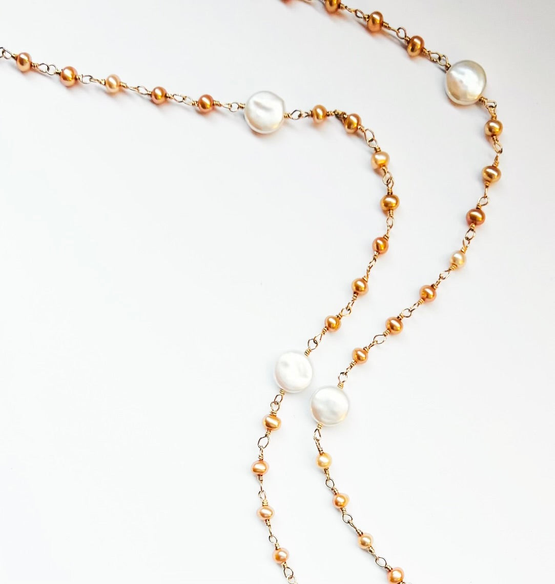 Gold Pearl Link and Coin Pearl Gold Fill Long Necklace