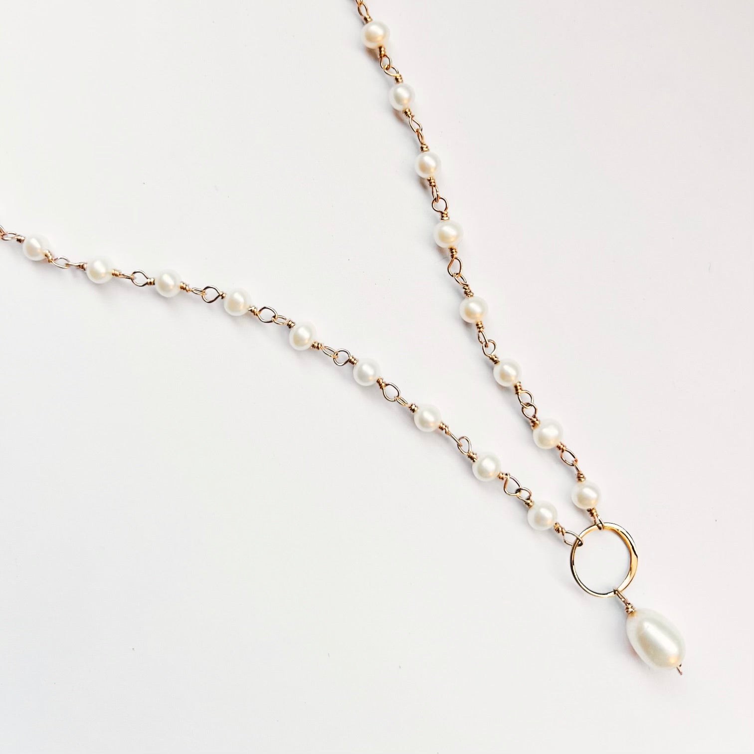 Pearl Link and Pearl Hoop Drop Gold Fill Necklace