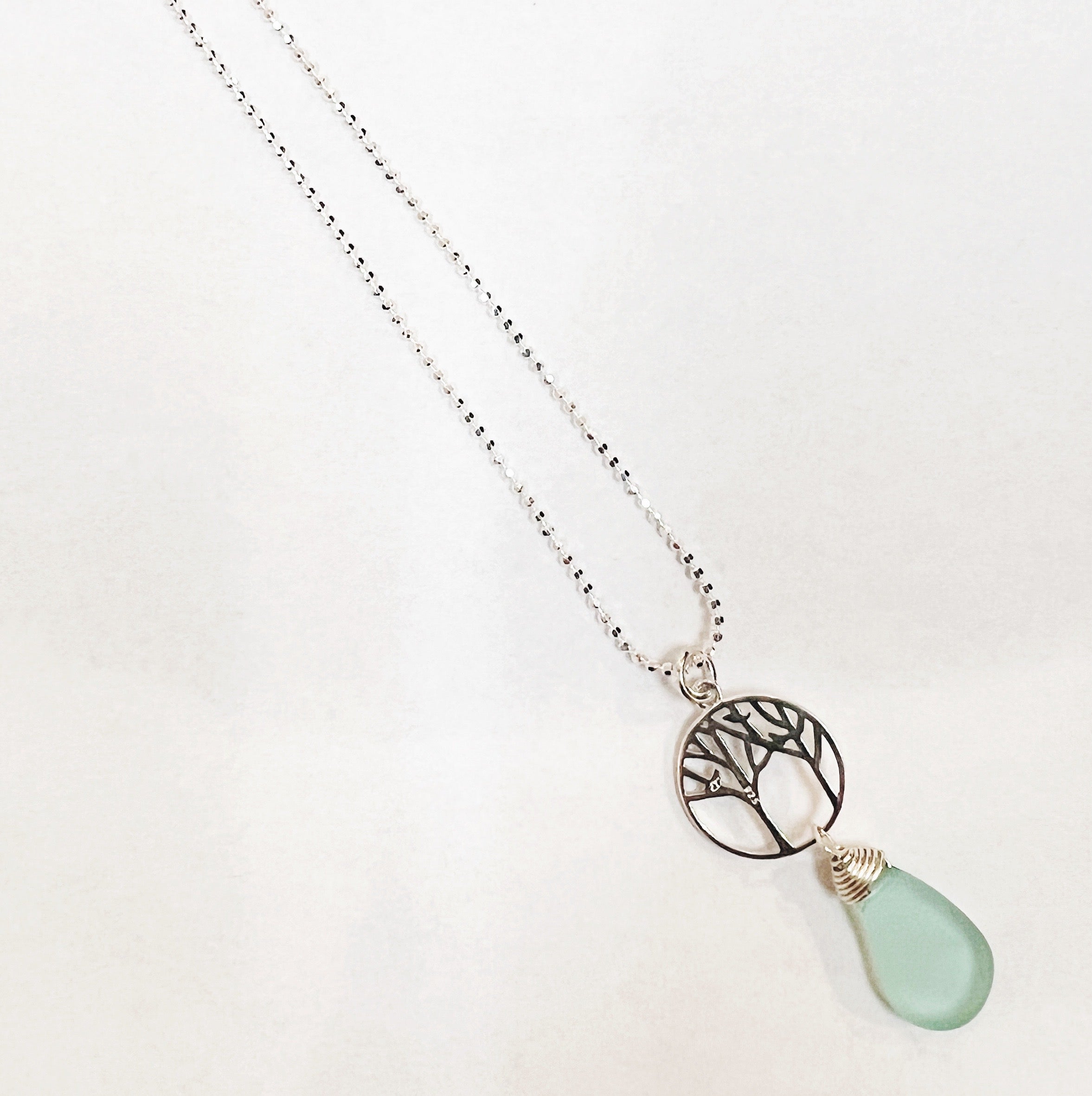 Tree of life pendant necklace with green sea glass