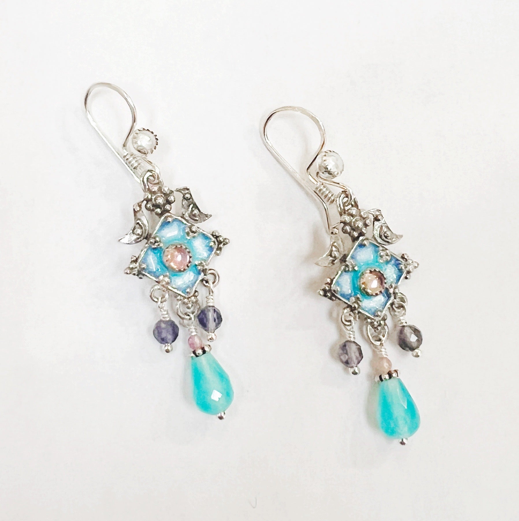 Enamel, Pink Tourmaline, Iolite, and Pearl Sterling Silver Dangle Earrings