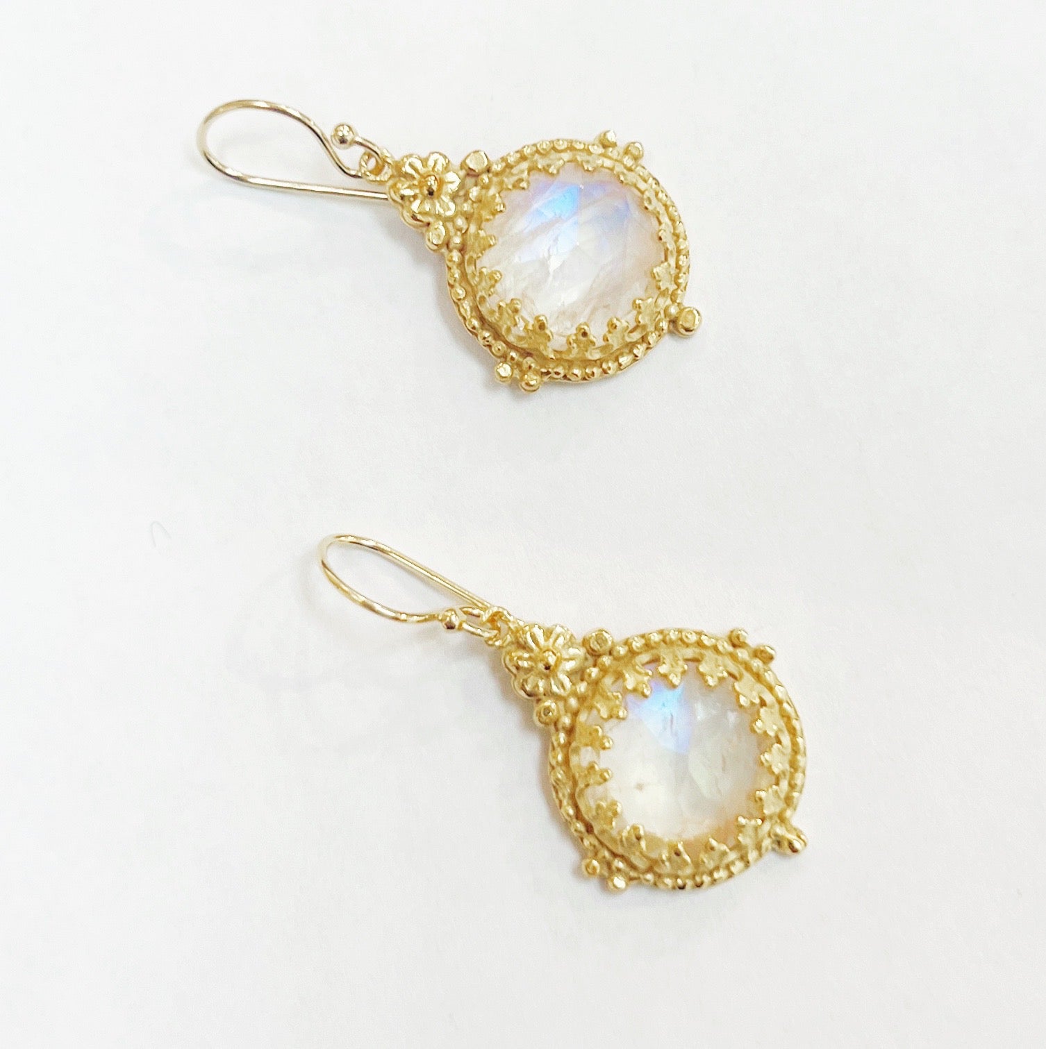 Rainbow Moonstone 18K Gold Vermeil Filigree Bezel Earrings