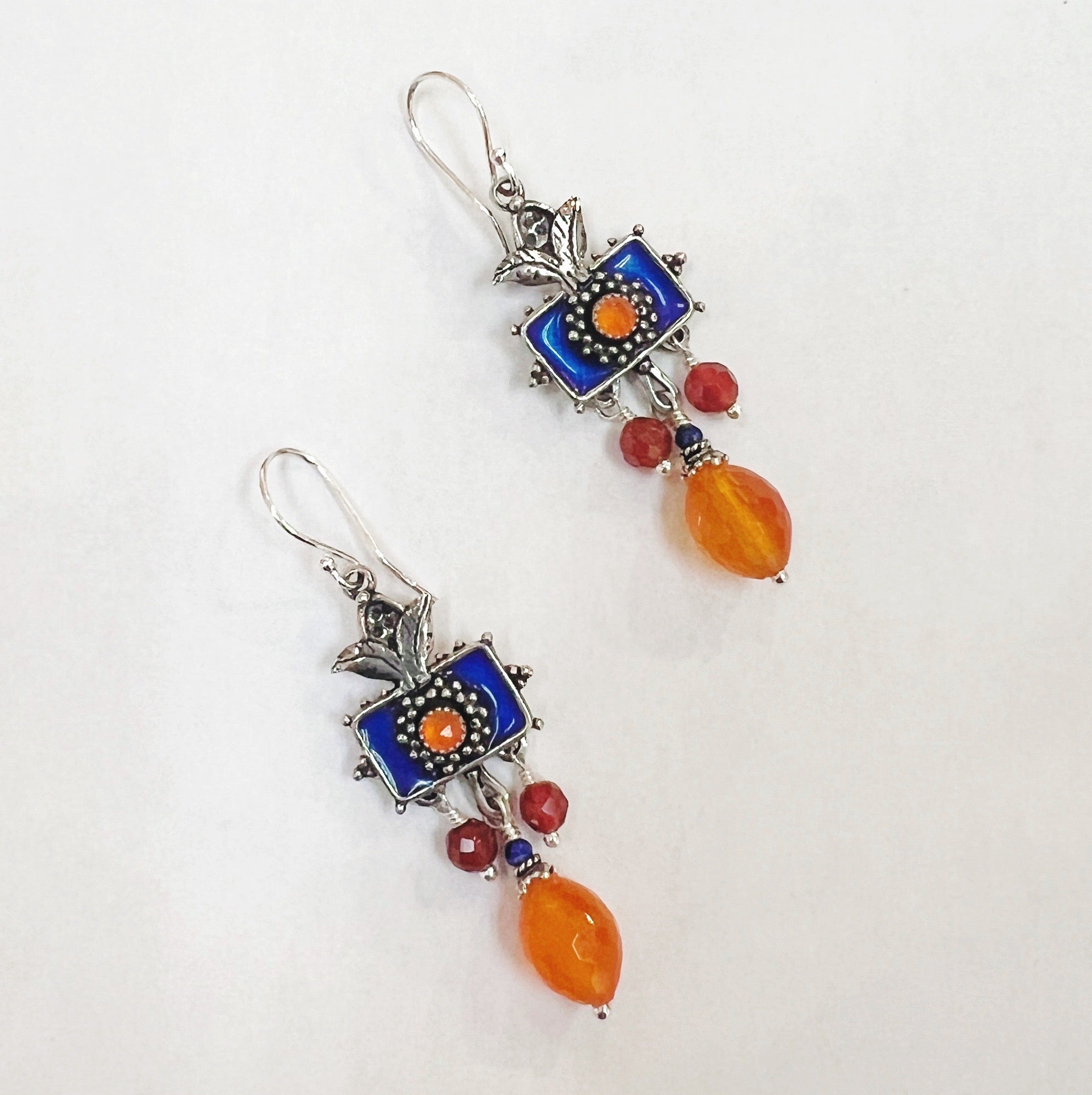 Lapis, Carnelian, and Enamel Sterling Silver Dangle Earrings
