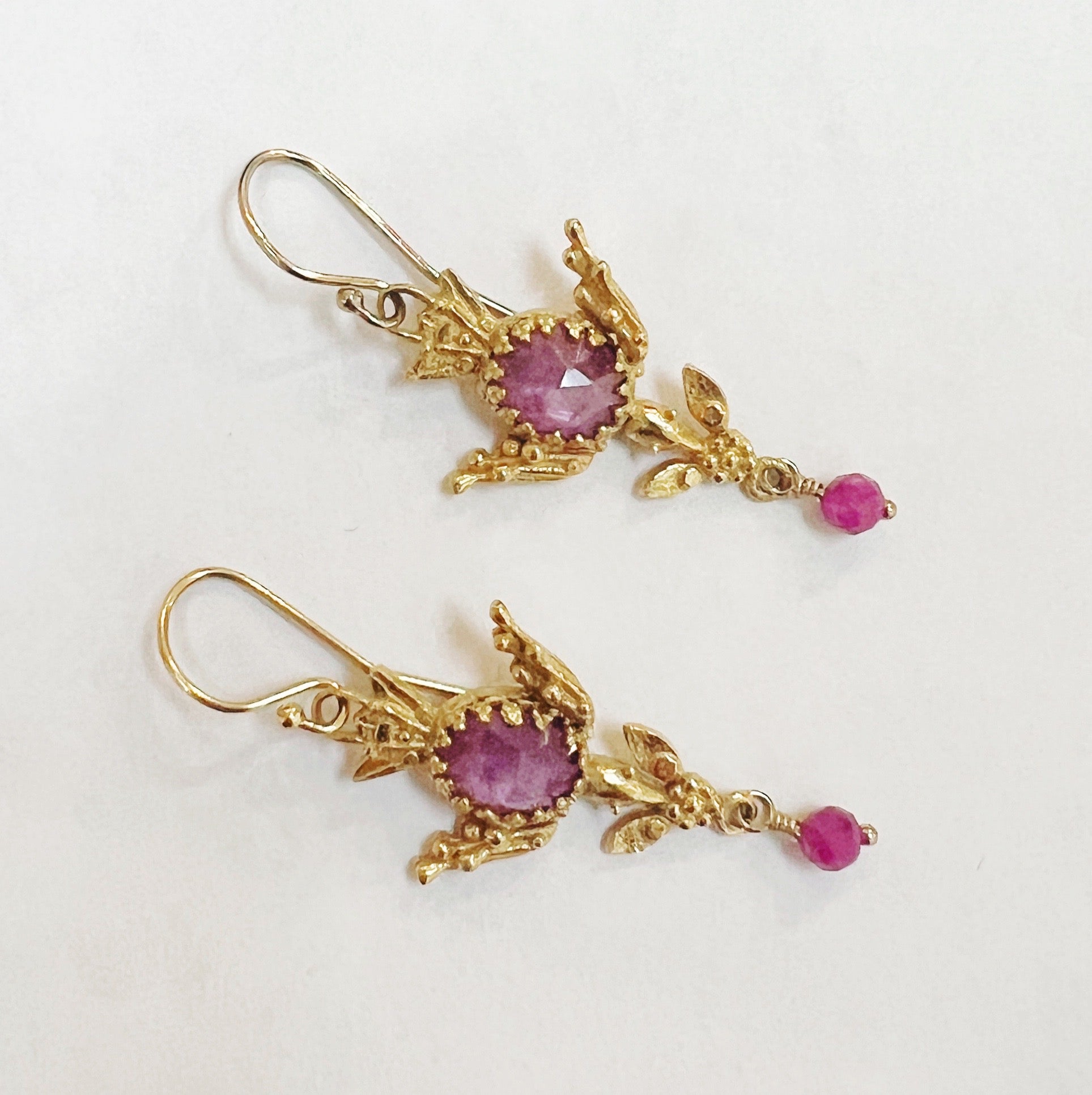 Pink Sapphire and Ruby 18K Gold Vermeil Filigree Dangle Earrings