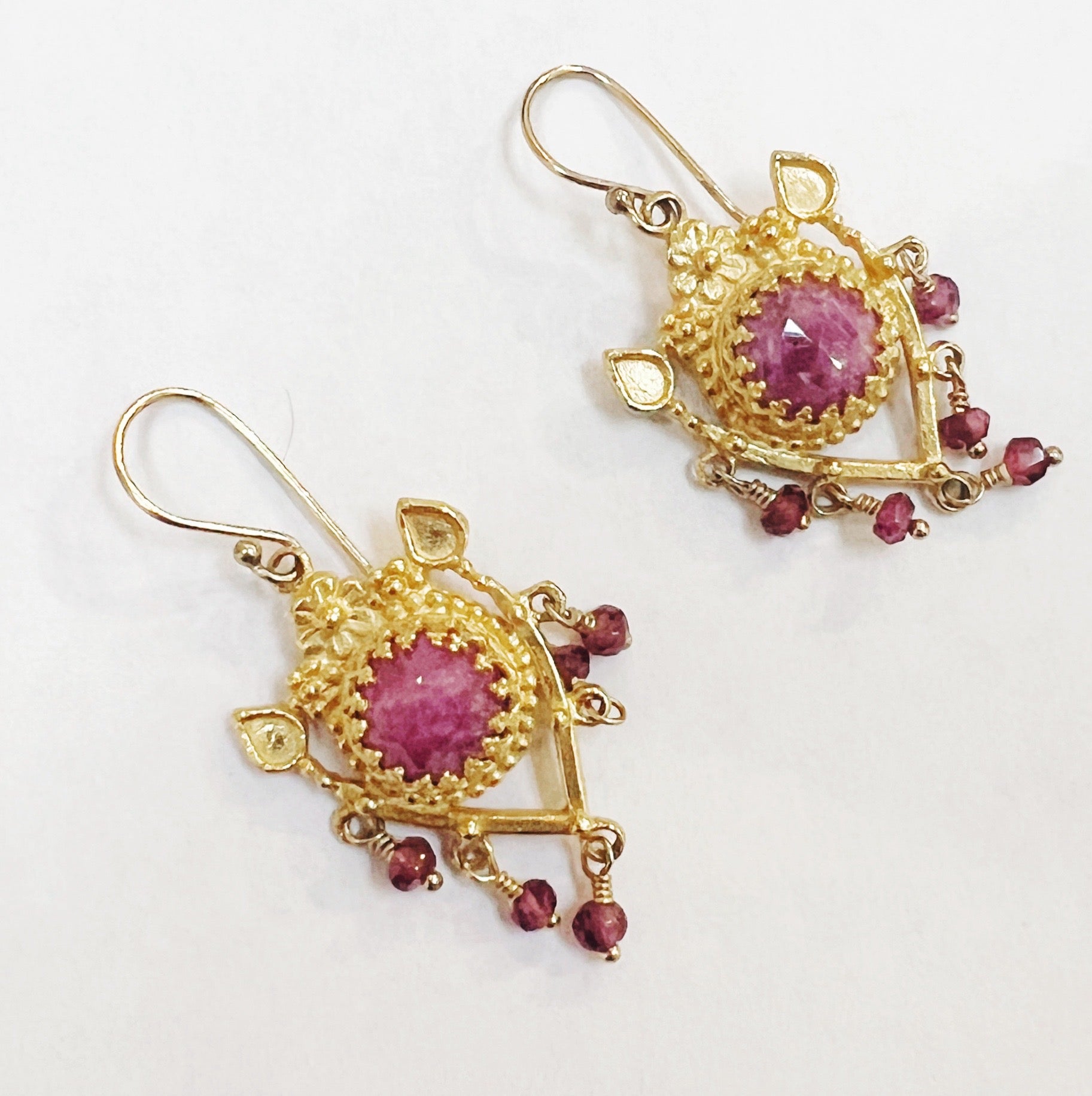 Pink Sapphire and Garnet 18K Gold Vermeil Filigree Earrings