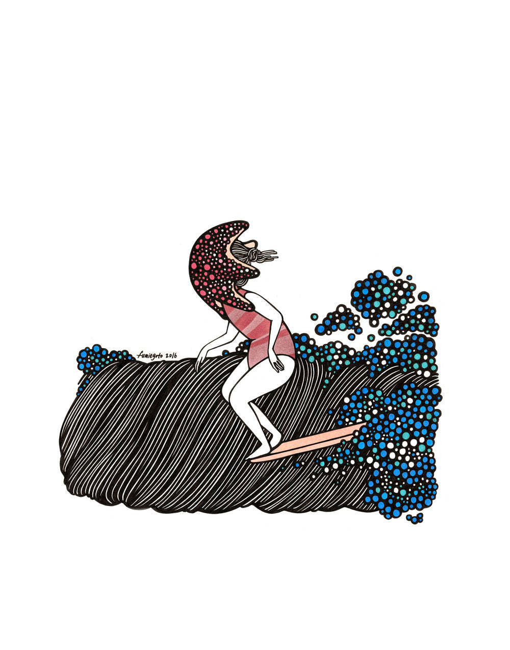 Women surfing wave with starfish on her face giclee print