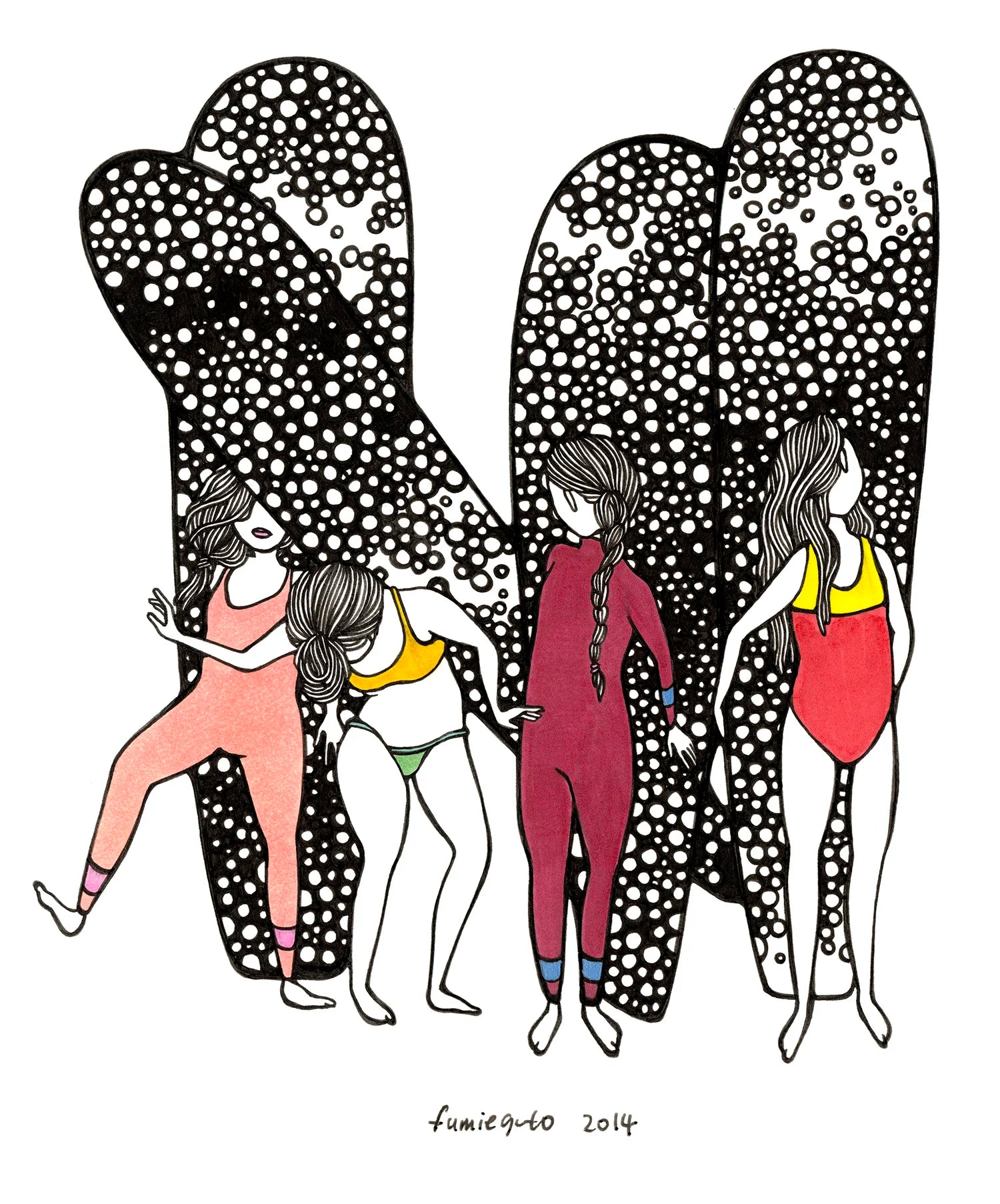 Artistic illustration titled 'Pose' by Kris Goto, featuring a playful depiction of figures in colorful swimwear with surfboards, inspired by the Wipeout series, available as a Giclee Print.