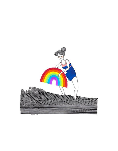Illustration titled '9 To 5' by Kris Goto showcasing a local girl in a swimsuit joyfully placing a rainbow on waves, inspired by Hawaii's tropical bliss.