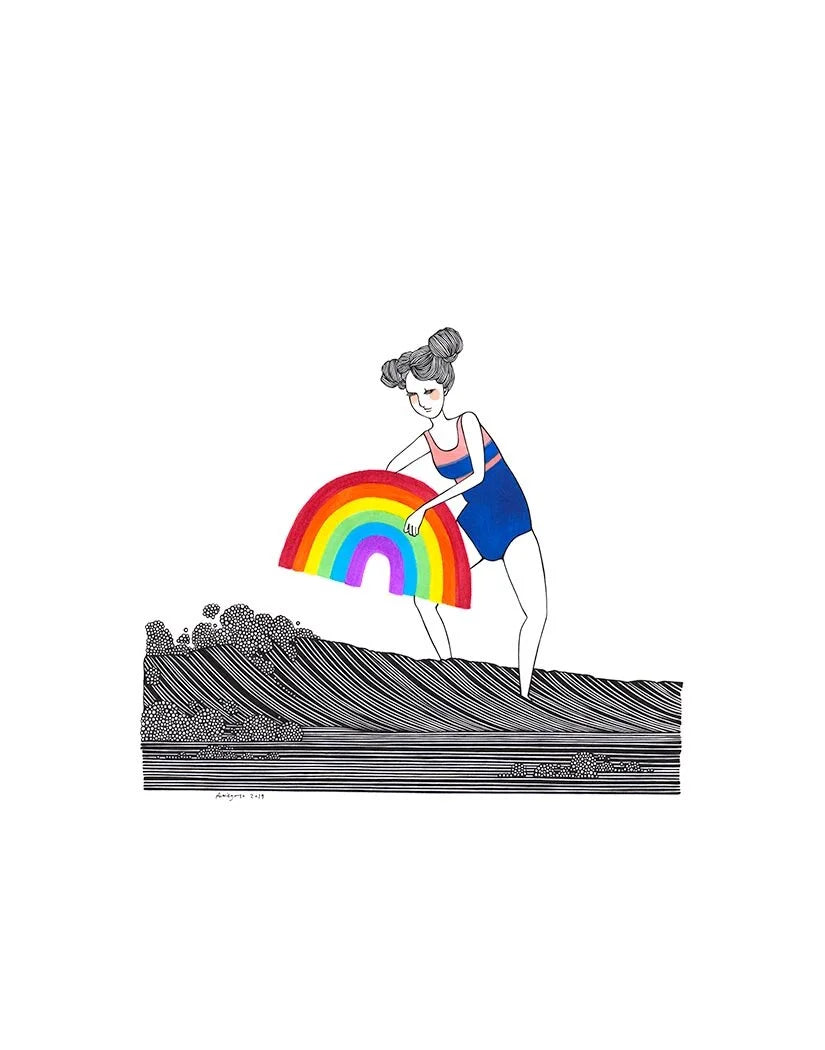Illustration titled '9 To 5' by Kris Goto showcasing a local girl in a swimsuit joyfully placing a rainbow on waves, inspired by Hawaii's tropical bliss.