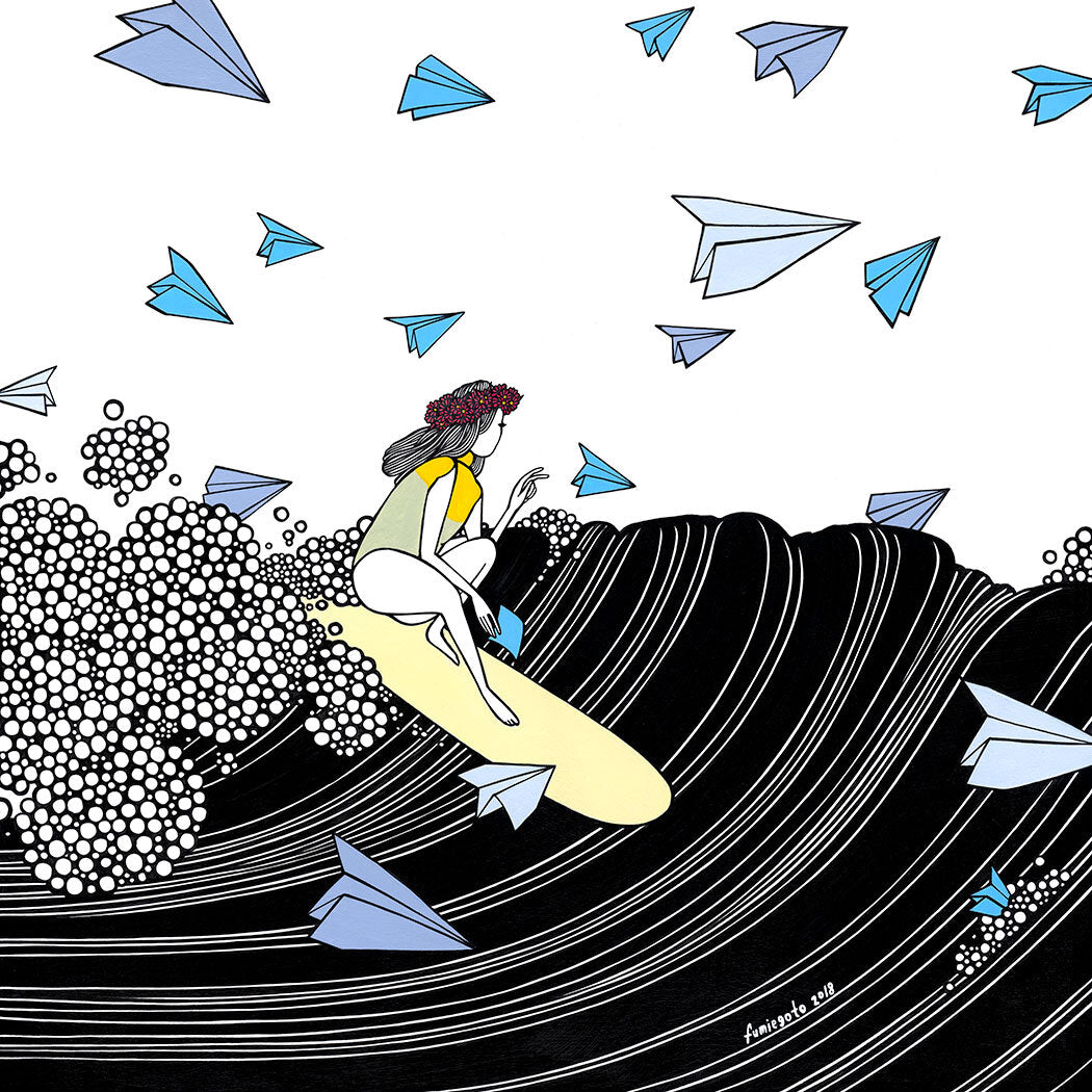 Women surfing wave with paper planes giclee print