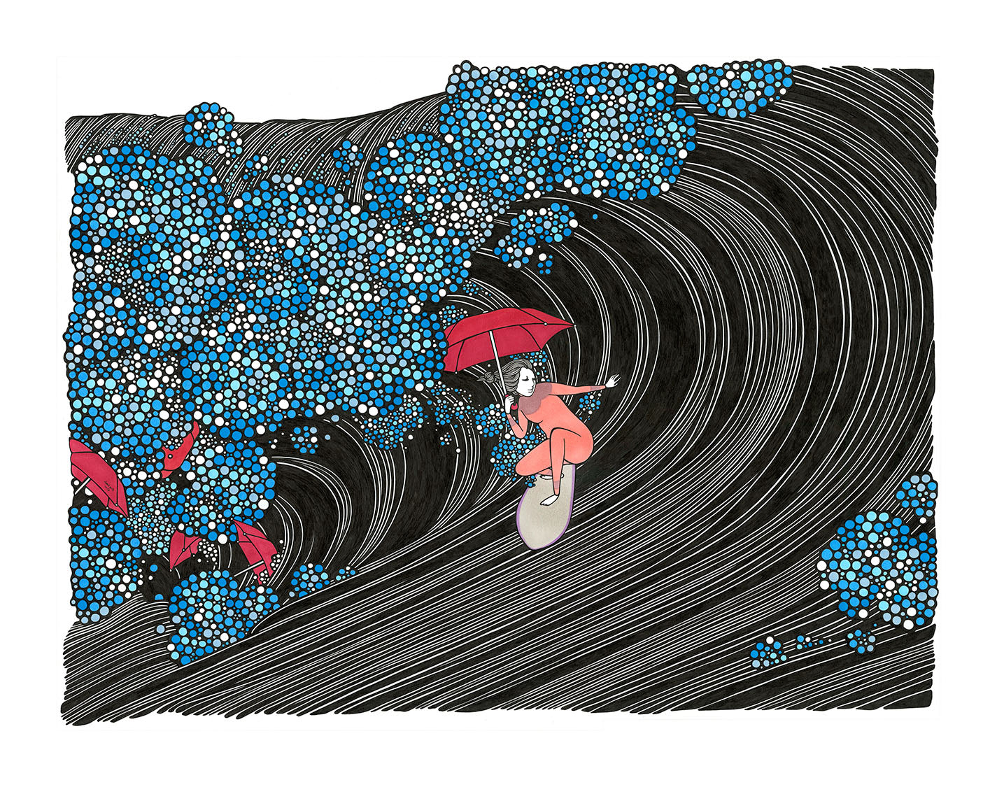 Women holding umbrella surfing wave giclee print