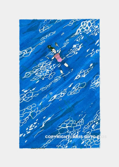 A vibrant 5x7 giclee print by Kris Goto, depicting a swimmer enjoying the blue ocean waters, showcasing her signature playful art style.