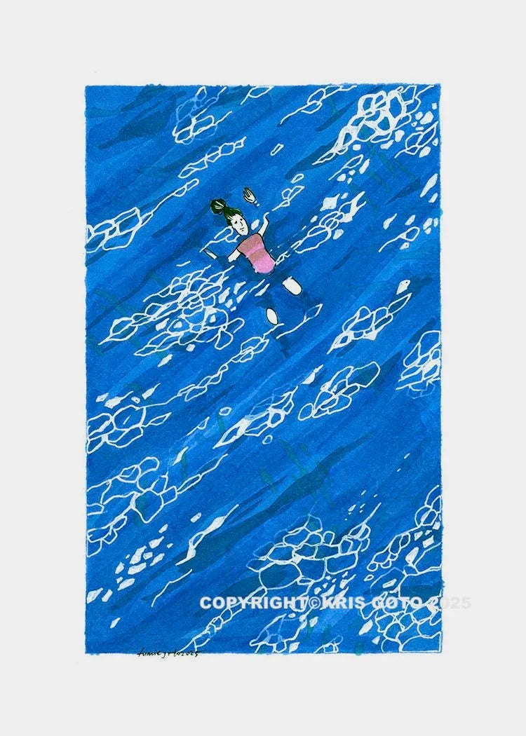 A vibrant 5x7 giclee print by Kris Goto, depicting a swimmer enjoying the blue ocean waters, showcasing her signature playful art style.