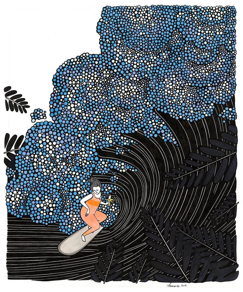 Dynamic image of a surfer riding a wave, surrounded by colorful elements, showcasing the lively artwork of Kris Goto from the Assorted 5x7 Kris Goto Prints collection.