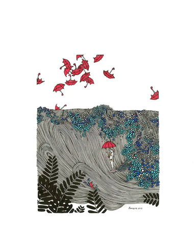 Artistic representation of 'Barrel 2' by Kris Goto, featuring a figure with a red umbrella amidst stylized waves and falling red umbrellas, showcasing the theme of resilience and personal significance.