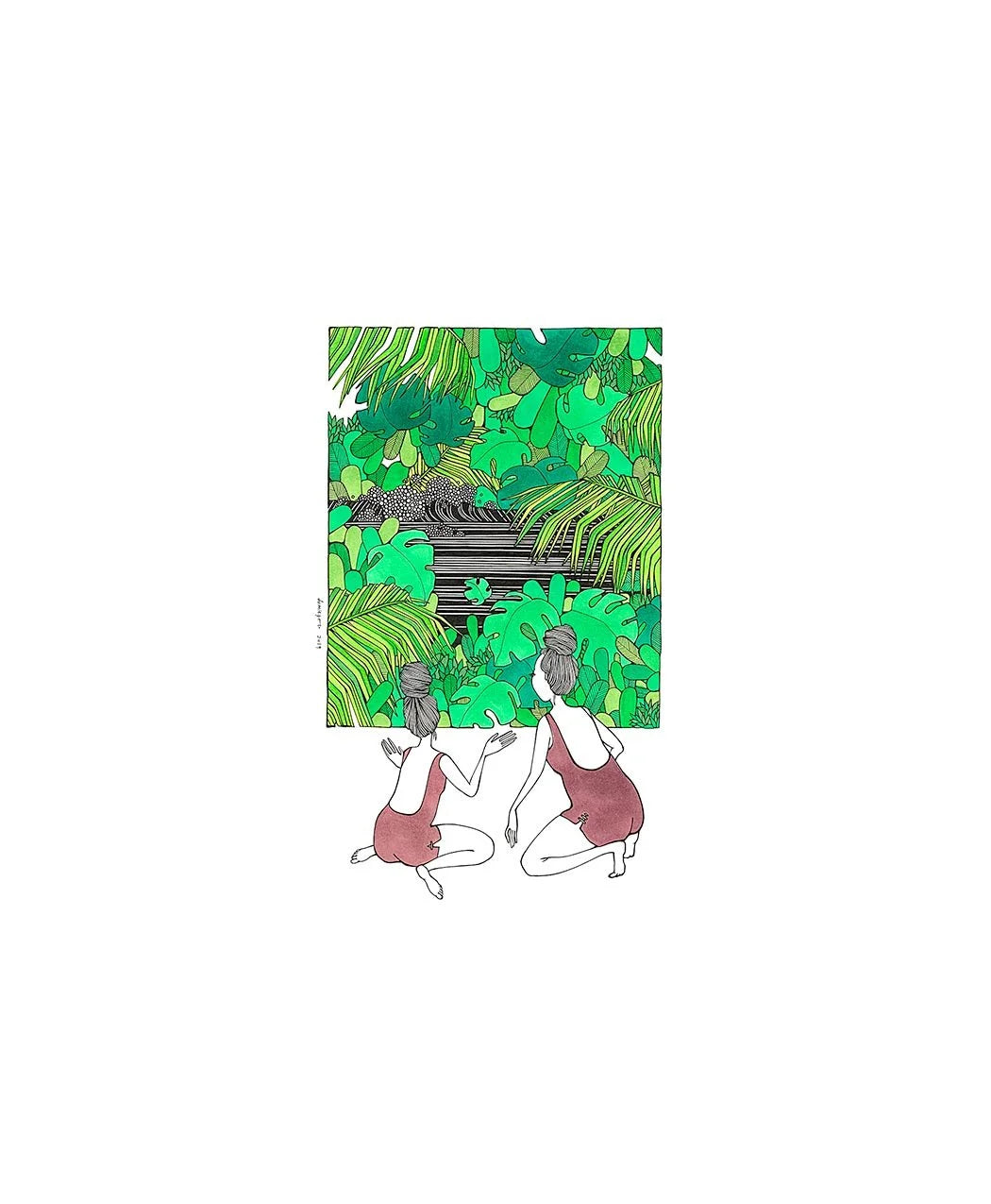 A detailed 5x7 giclee print by Kris Goto illustrating two women observing lush green foliage, capturing the essence of nature and curiosity in her unique art style.