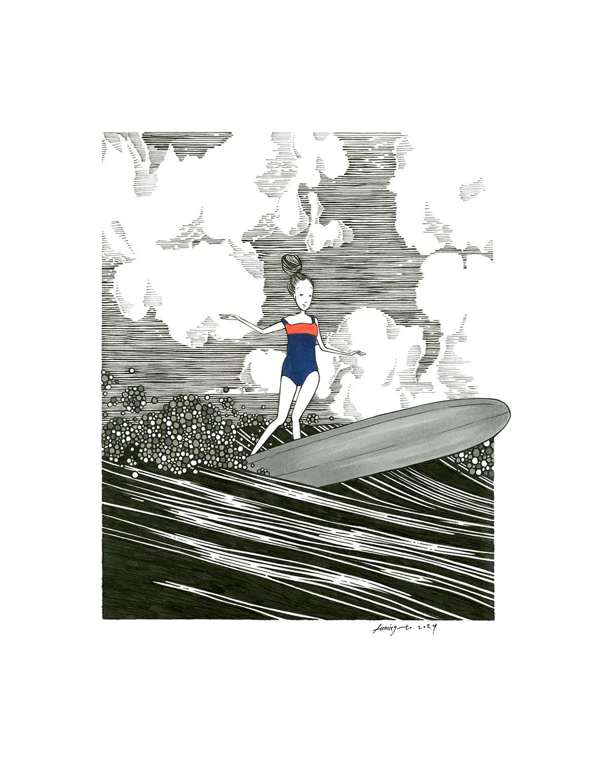 An illustration titled 'Colors' by Kris Goto, featuring a girl surfing on a wave amidst a cloudy backdrop, symbolizing the importance of expressing true colors in a monochromatic world. This artwork is available as an 8x10 matted giclee print.