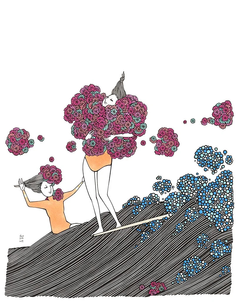 Illustration of a flower delivery person surfing while surrounded by colorful blooming flowers, representing the essence of the artwork 'Flower Delivery' by Kris Goto. The image captures a unique blend of surfing and floral themes, reflecting a playful and artistic representation.