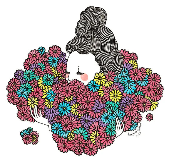 Colorful floral illustration depicting a woman surrounded by vibrant flowers, titled 'Lei Loves' by Kris Goto. This artwork captures the essence of lei making and showcases a joyful expression amidst a bouquet of blooms.