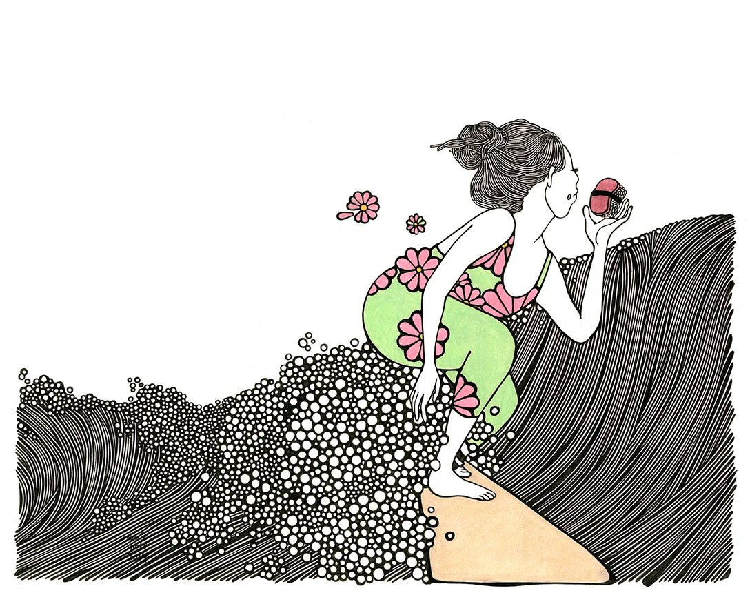 Kris Goto Assorted 5x7 Prints showcasing a playful figure surfing with a musubi in hand, surrounded by vibrant flowers and abstract wave patterns. Perfect for brightening any space with a touch of island-inspired art.