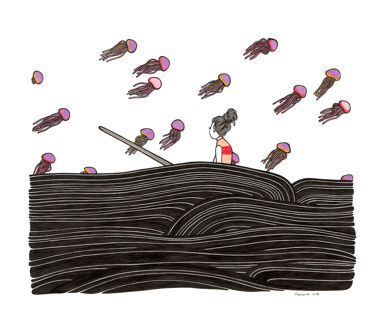 Art print titled 'Jelly' by Kris Goto, featuring a girl standing on waves surrounded by jellyfish, showcasing a blend of manga-inspired details and Hawaiian surrealism in a 12x12 matted giclee format.