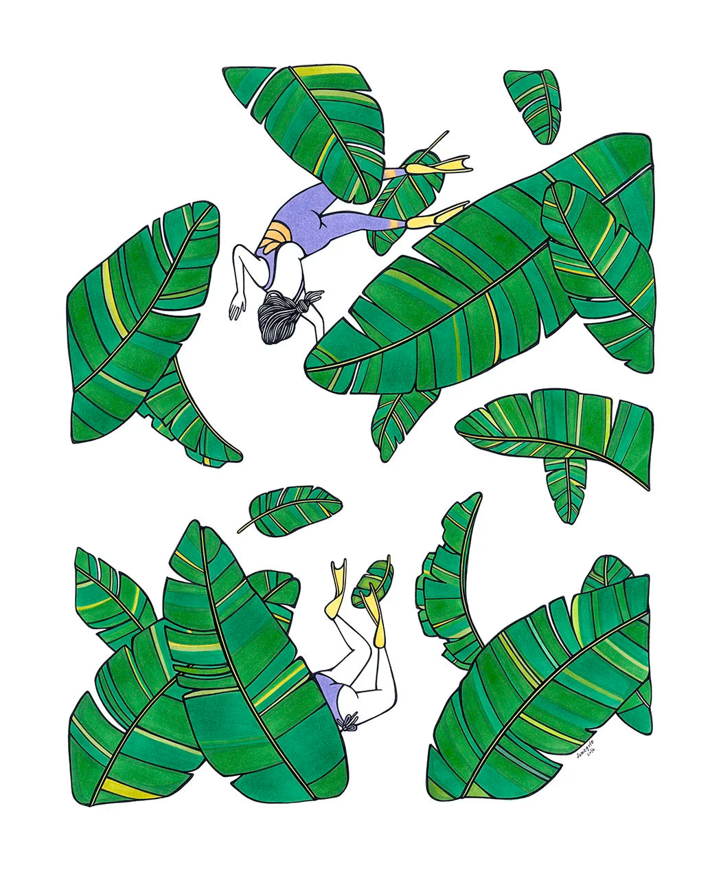 An artistic 5x7 giclee print by Kris Goto featuring colorful green banana leaves and women diving, reflecting the artist's whimsical and tropical themes.