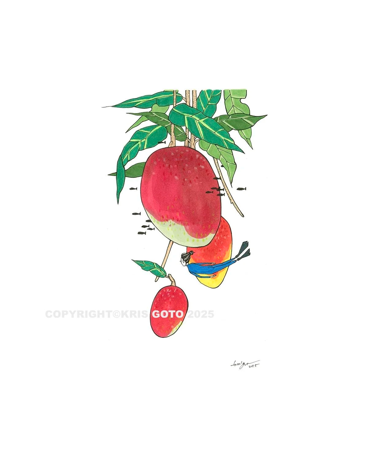 Illustration of the artwork 'Mango Diver' by Kris Goto, featuring a diver monitoring a cluster of ripe mangos with vivid colors and lush green leaves.