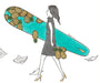 Artistic portrayal of a woman carrying pineapples and a surfboard, reflecting the creative expression of Kris Goto in the Assorted 5x7 Kris Goto Prints.