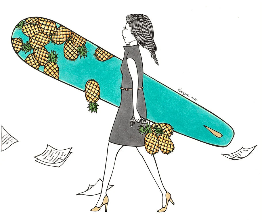 Artistic portrayal of a woman carrying pineapples and a surfboard, reflecting the creative expression of Kris Goto in the Assorted 5x7 Kris Goto Prints.