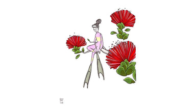 Ohi A Diver by Kris Goto featuring a diver surrounded by vibrant ʻohiʻa lehua flowers, showcasing a colorful and adventurous underwater scene, ideal for art lovers.