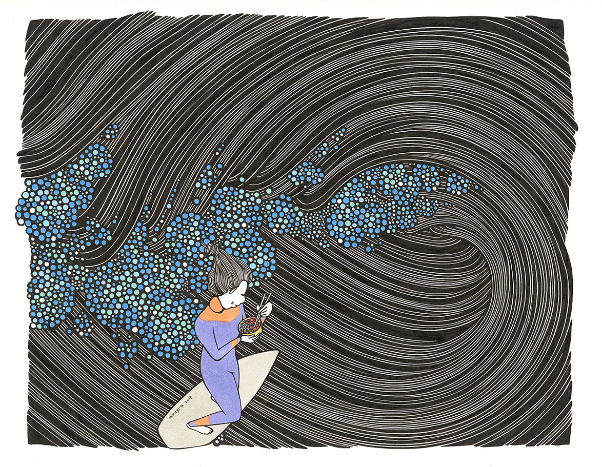 Women surfing wave giclee print