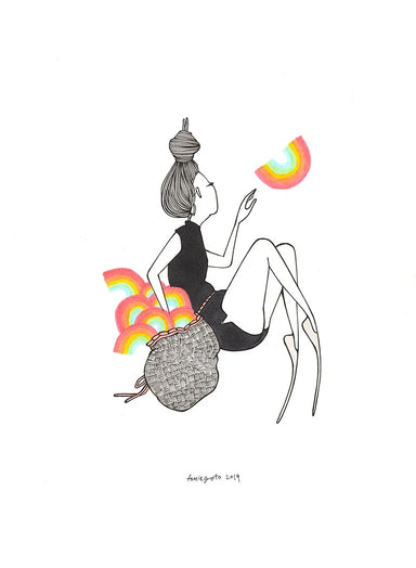 Rainbow Diver by Kris Goto features a whimsical illustration of a figure sitting among vibrant rainbows, perfectly capturing the spirit of the art piece. This 8x10 matted giclee paper print showcases a creative interpretation of the rainbow diver character, inspired by a mural created for Yaya's Steakhouse in Kaka'ako.