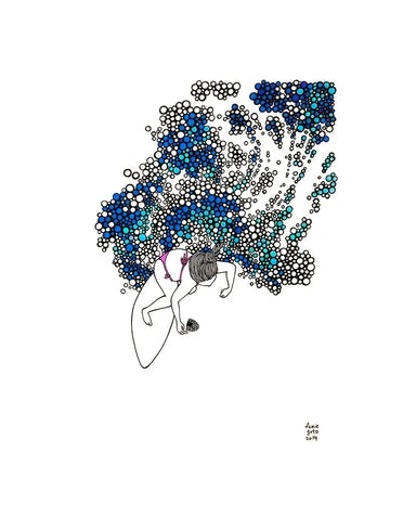 Art print titled 'Splash' by Kris Goto, featuring a whimsical illustration of a surfer surrounded by vibrant circles of blue and turquoise, inspired by the love for onigiri and beach culture.