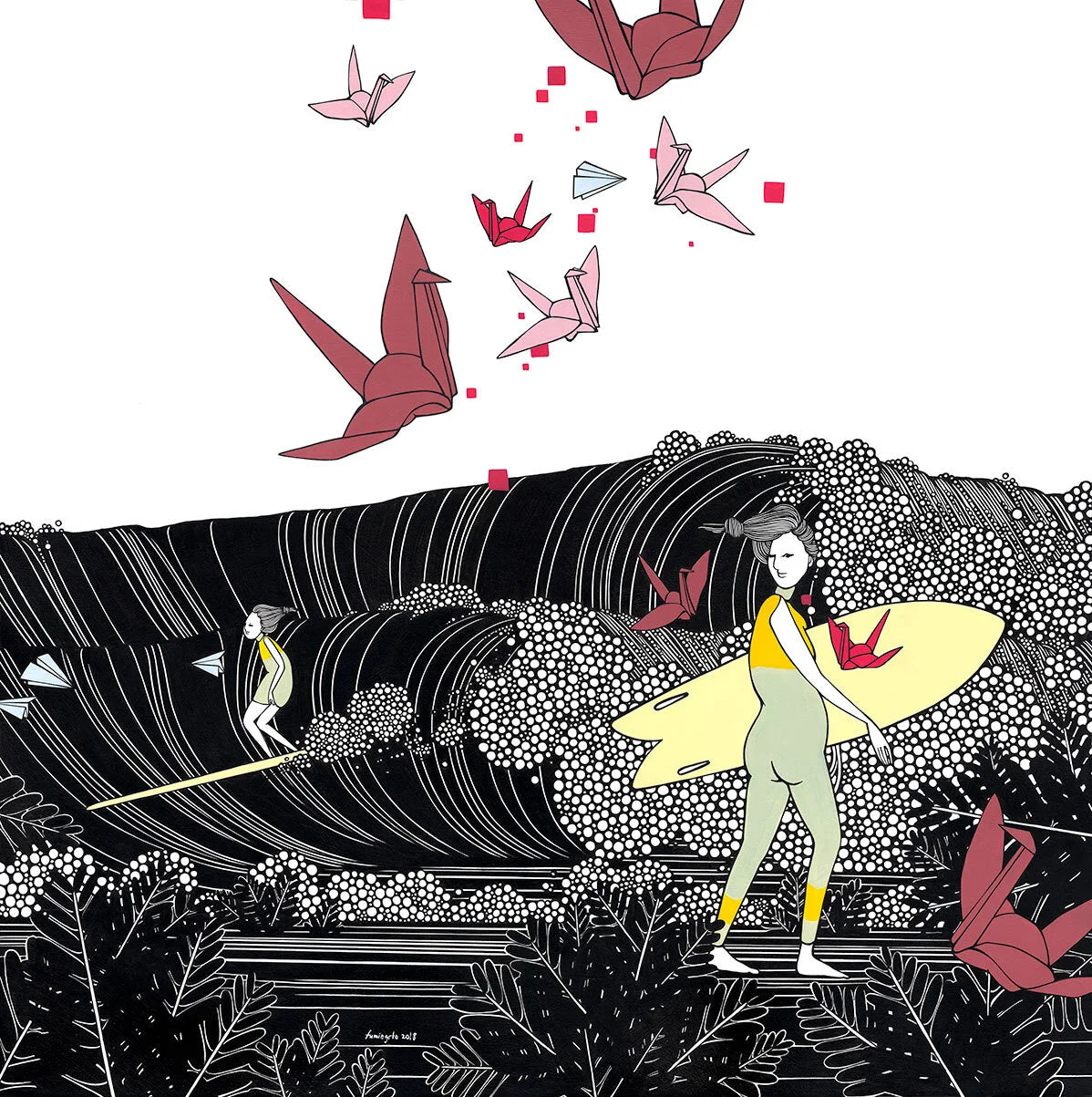 Art print titled 'Two Homes' by Kris Goto, featuring a vibrant Hawaiian surf scene with two characters and origami cranes flying above waves, highlighting themes of friendship and journey.