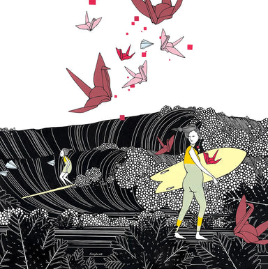 Art print titled 'Two Homes' by Kris Goto, featuring a vibrant Hawaiian surf scene with two characters and origami cranes flying above waves, highlighting themes of friendship and journey.