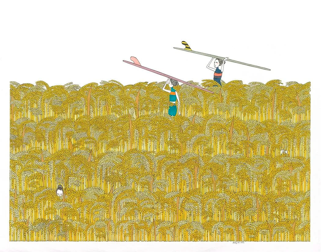 Art print titled 'Riceful' by Kris Goto, featuring surfers navigating through lush rice fields, symbolizing the journey of home in the Natural Habitat series.