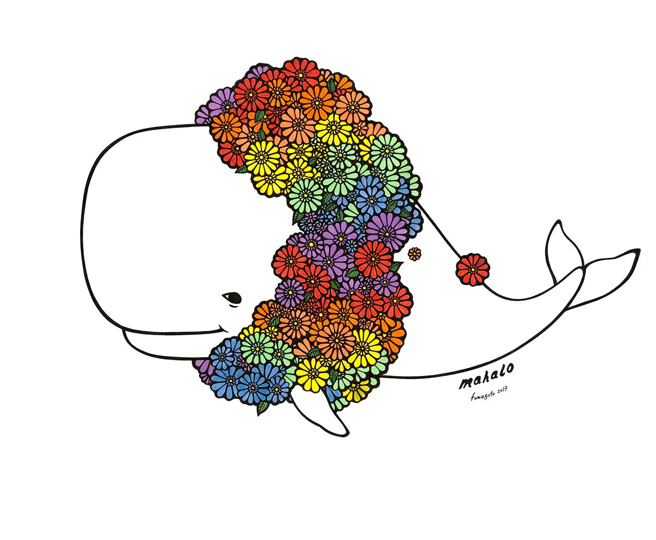 Whimsical design of a whale adorned with vibrant flowers, representing the unique style of Kris Goto in the Assorted 5x7 Kris Goto Prints series.