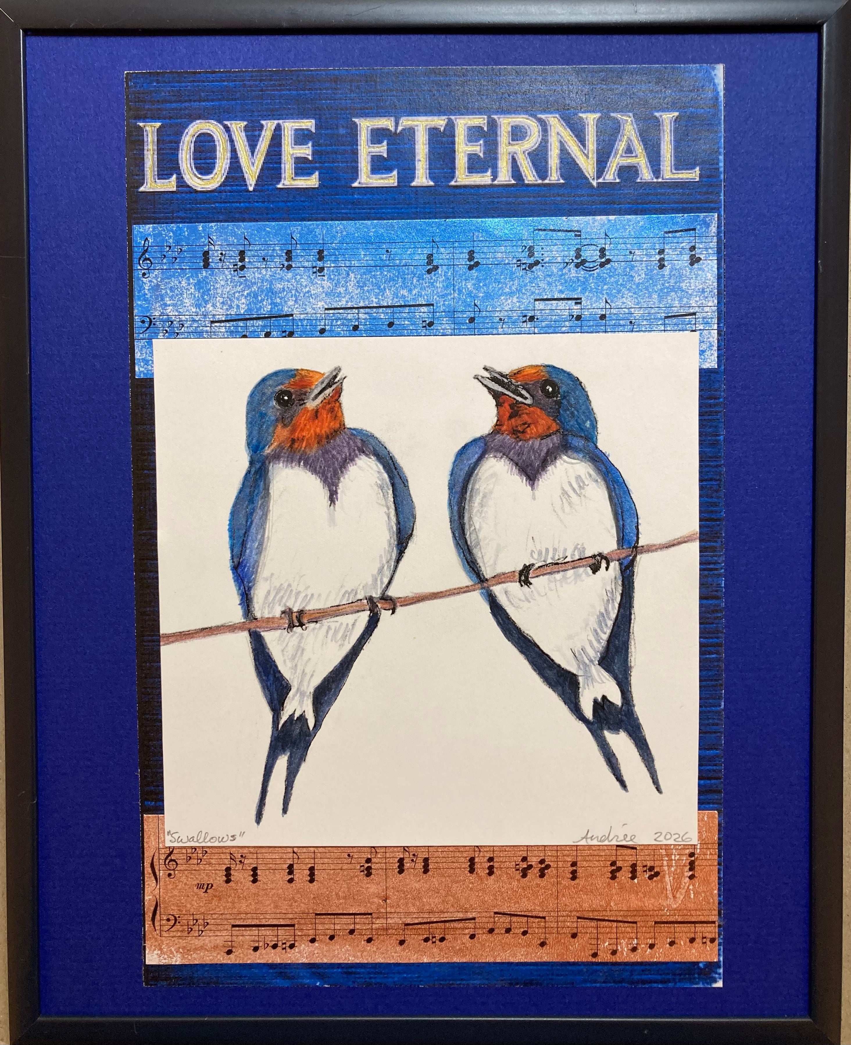Art piece titled 'Hearts for the Arts | Swallows' by Hearts for the Arts, featuring a watercolor collage of two swallows perched on a branch, surrounded by sheet music, in a framed design. The artwork measures 10"H x 8"W.
