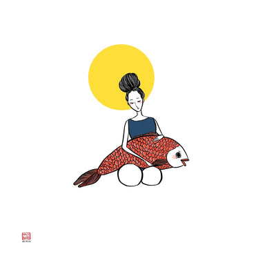 Digitally illustrated artwork titled 'Battery' by Kris Goto, depicting a girl resting with a colorful fish under a bright yellow sun, representing themes of relaxation and self-care.