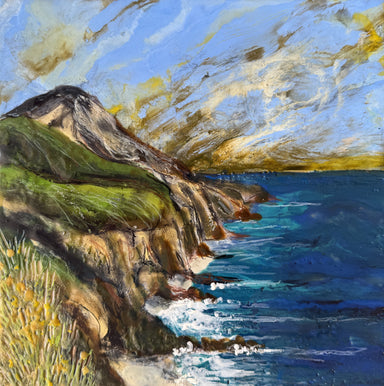 First Friday Nicole Woodling Big Sur II encaustic landscape painting on a 10 x 10 inch wood panel