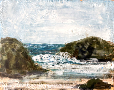 Beautiful encaustic painting by Nicole Woodling titled 'Big Sur', measuring 8"x10" on wood panel, showcasing the intersection of art and nature.
