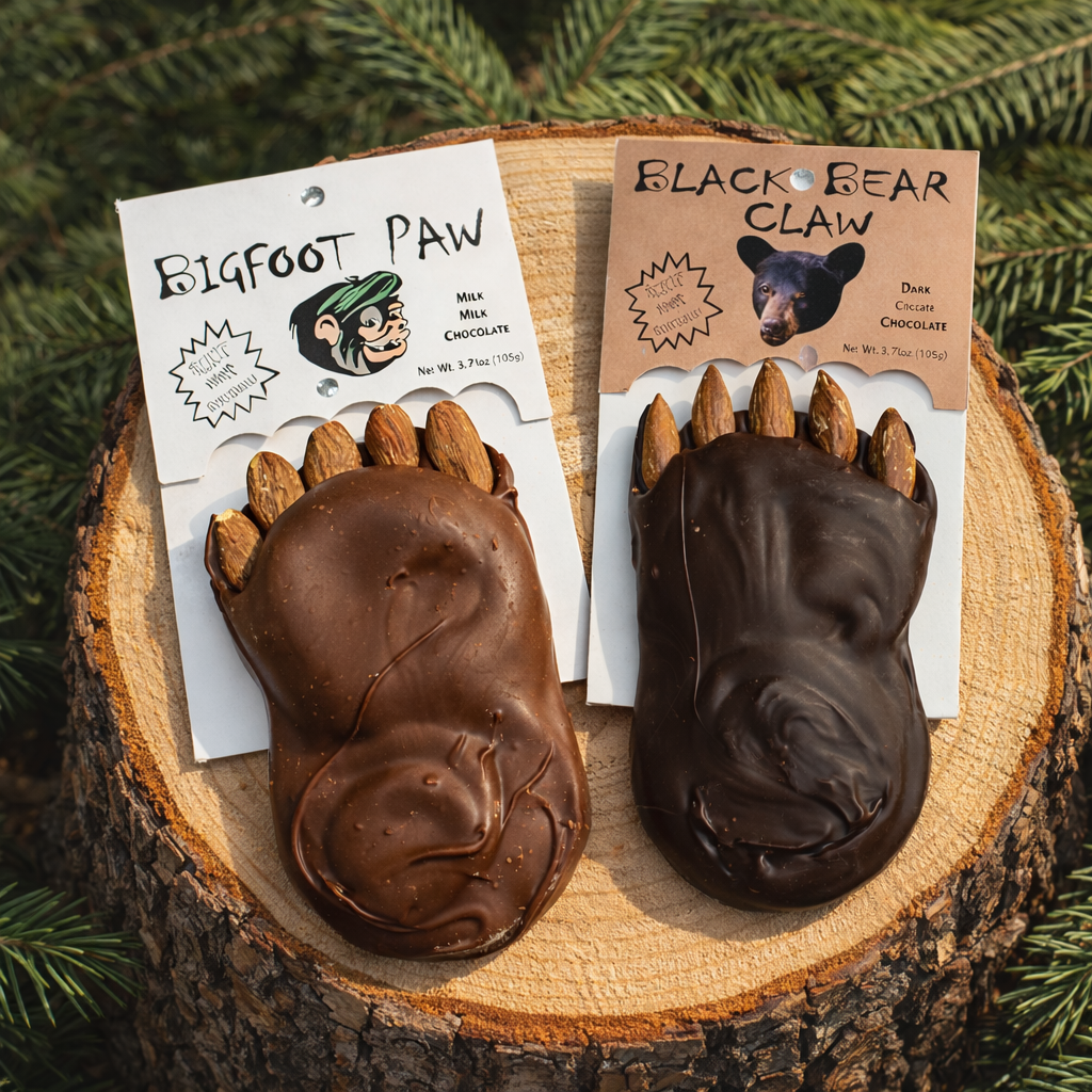 Two chocolate treats from Spokandy Chocolatier, featuring a Bigfoot Paw in milk chocolate with almonds and a Black Bear Claw in dark chocolate, elegantly displayed on a wooden log background, embodying the playful indulgence of Paw & Claw Chocolate.