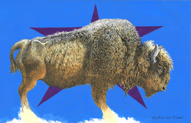 bison art print with blue bakcground