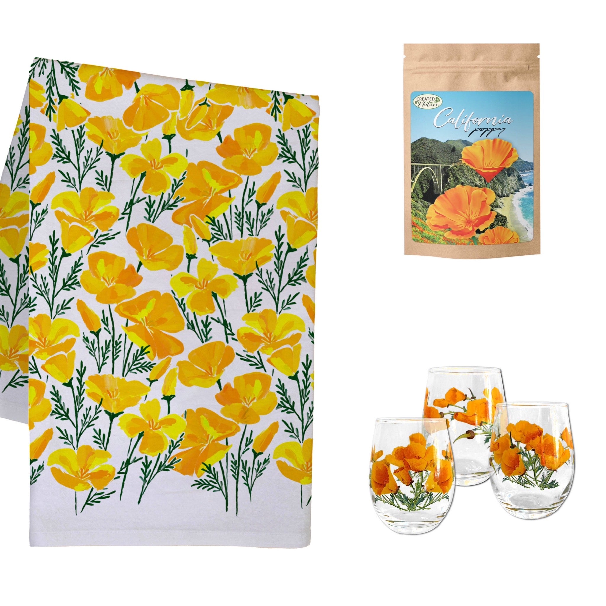 California Poppy Trio featuring vibrant California poppy wildflower seeds, a charming Poppies & Wildflowers tea towel for the kitchen, and a stylish stemless wine glass adorned with California poppies, perfect for flower lovers and easy gifting.