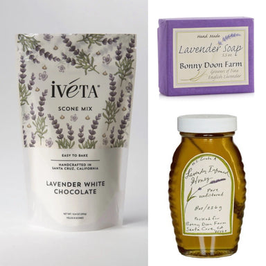 Local Lavender Love gift set featuring Bonny Doon soap, Iveta's lavender and white chocolate scone mix, and Bonny Doon honey, perfect for lavender lovers.