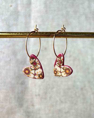 Small Calico Heart Hoop Earrings